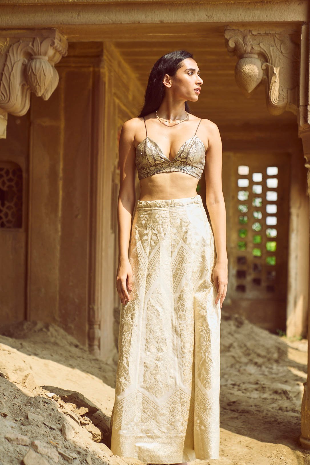 Ivory Lurex Brocade Flared Maxi Skirt with Side Slit