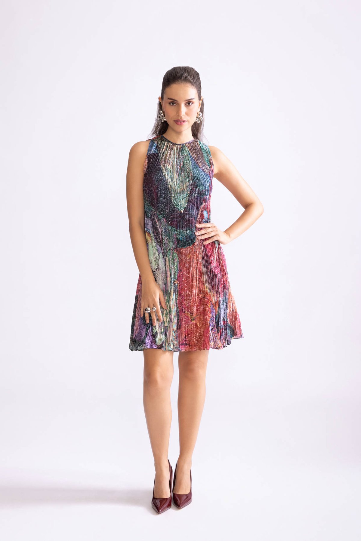 Multicolour Daisy Print Micro Pleated Mini Swing Dress