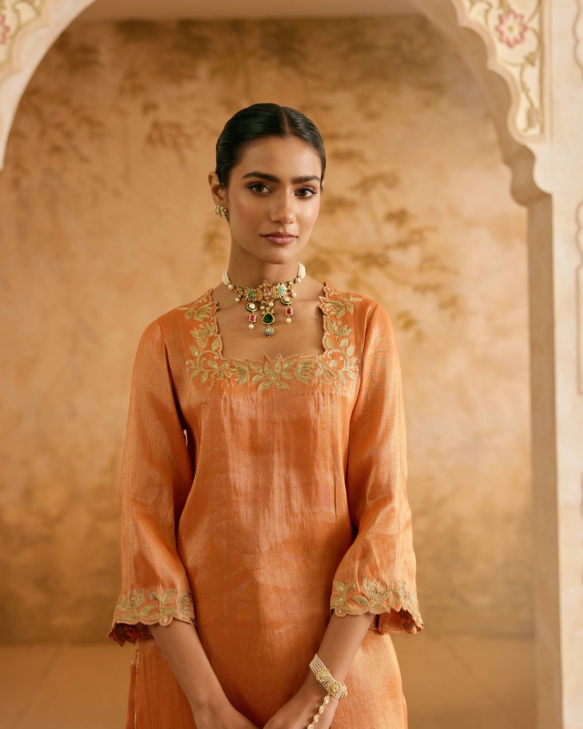 Rust Tissue A-Line Kurta Set with Narrow Pants