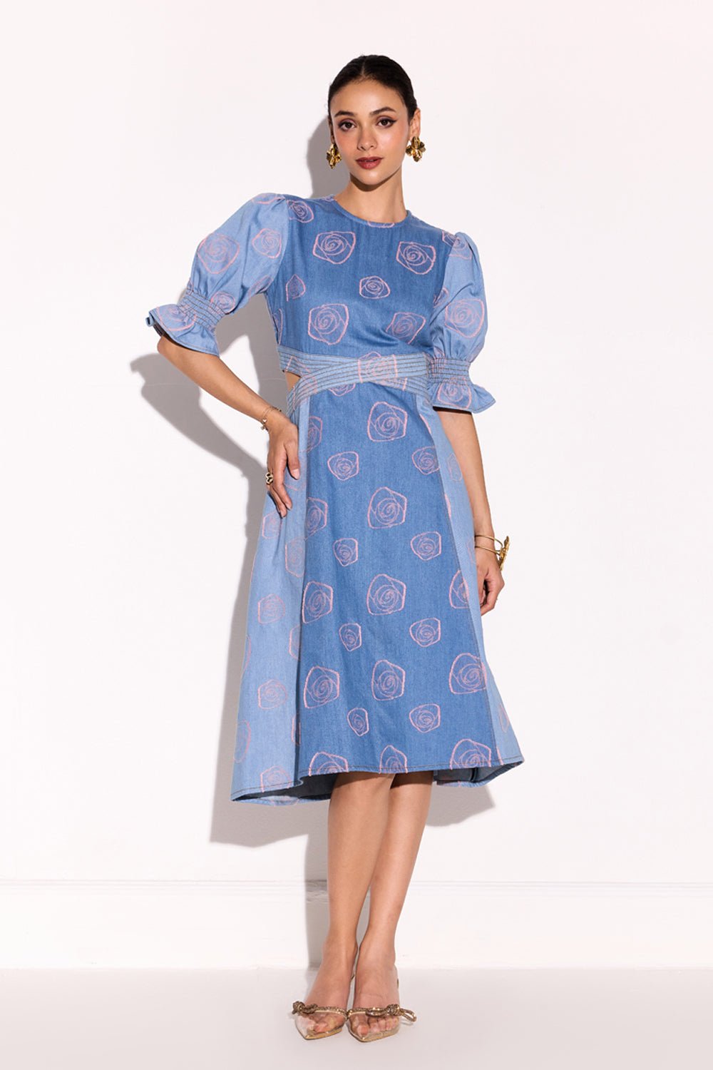 Blue Two-Tone Rose Applique Denim Midi Dress