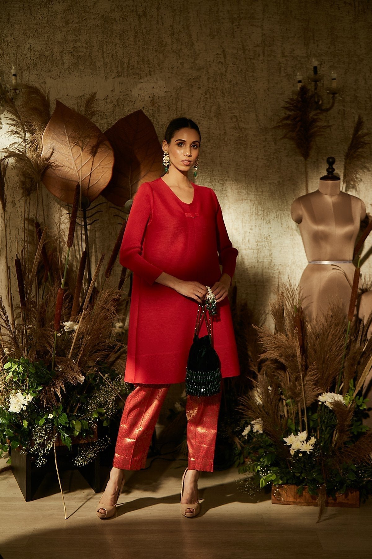 Vermilion Red Pleated Tunic and Brocade Pants Co-ord Set
