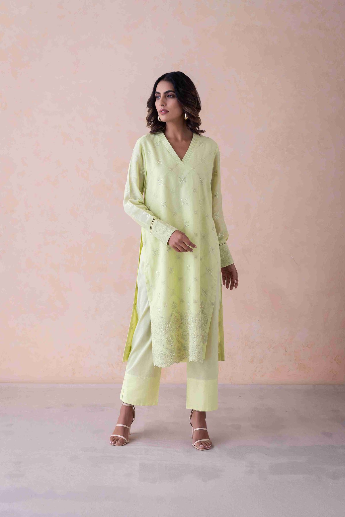Mint Yellow Linen Embroidered Straight Kurta Set