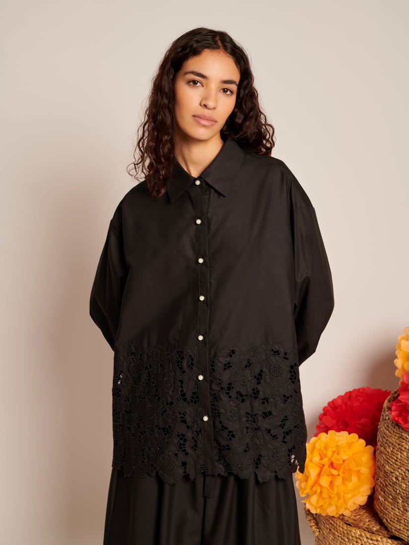 Black Cutwork Hem Button-Down Blouse
