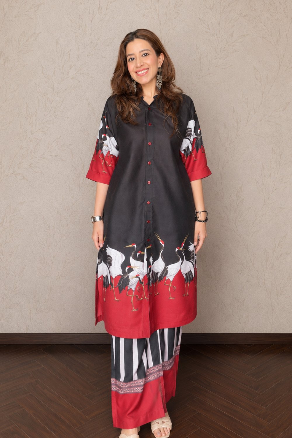 Black Crane Print Tunic and Striped Trouser Co-ord Set