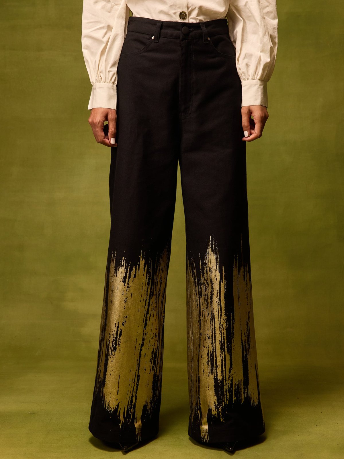 Black Denim Straight Trousers with Gold Foil Hem
