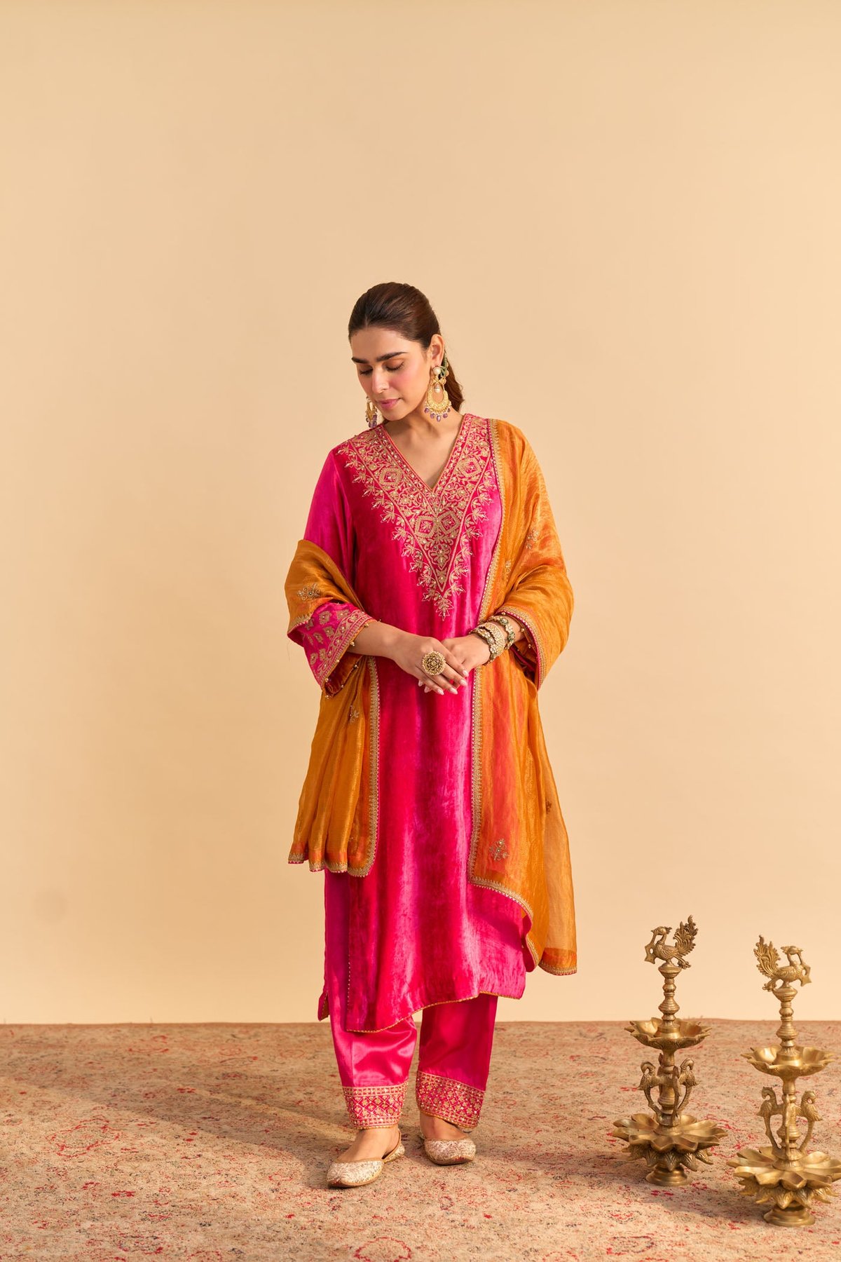 Hotpink Velvet Straight Kurta Set with Gold Embroidery