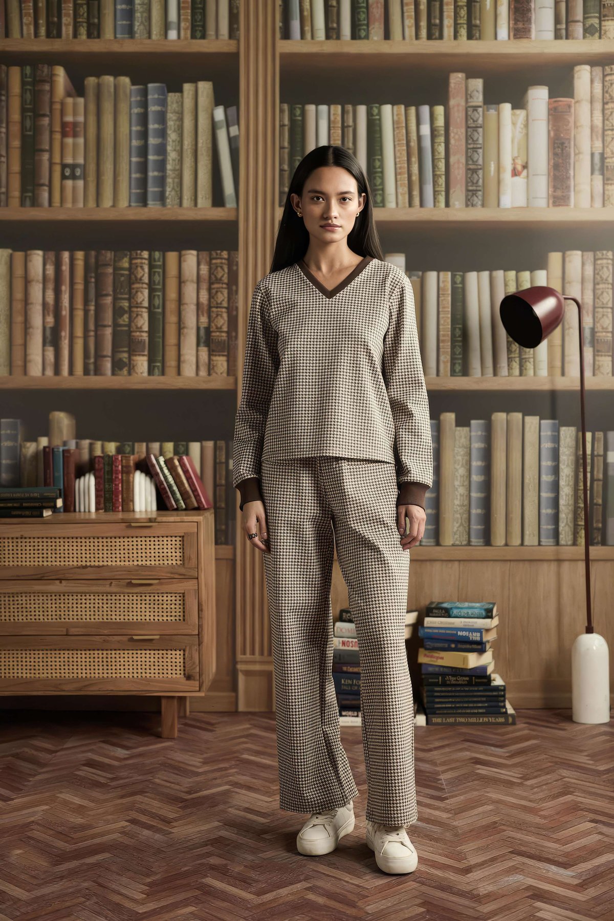 Brown Houndstooth Knit Co-ord Set with V-Neck Top and Pants
