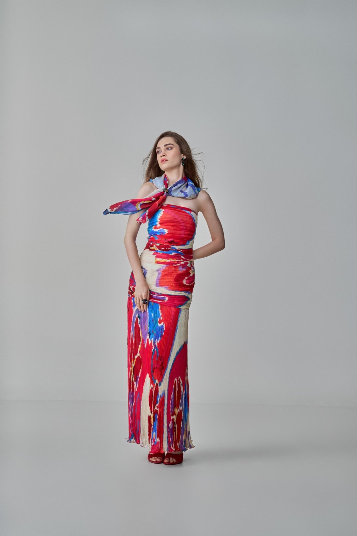 Pink/Red Ikat Print Strapless Micro-Pleated Maxi Gown