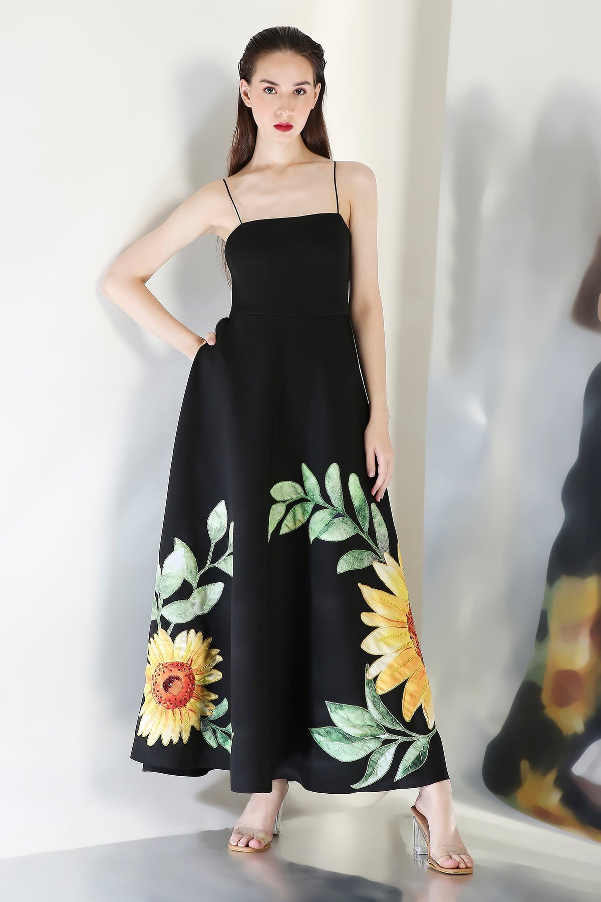Black Neoprene A-Line Maxi Dress with Floral Hem Detail