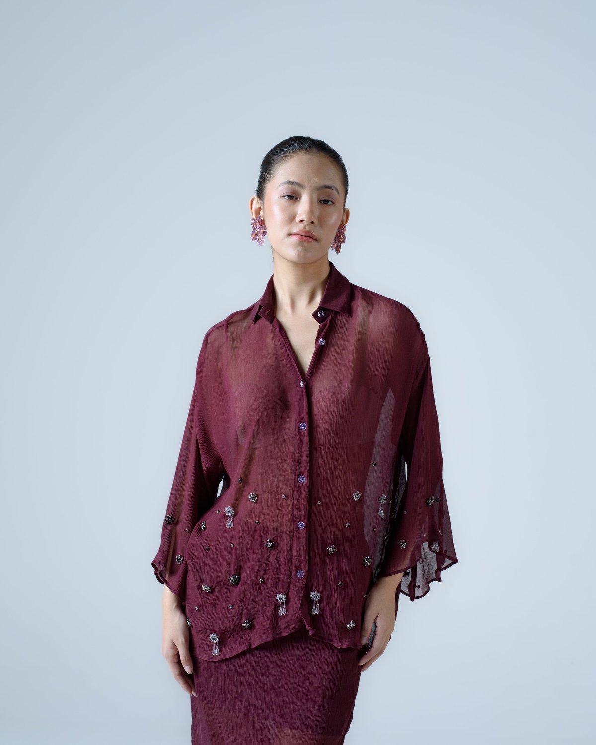 Wine Silk Chiffon Asymmetric Shirt with Embellished Collar