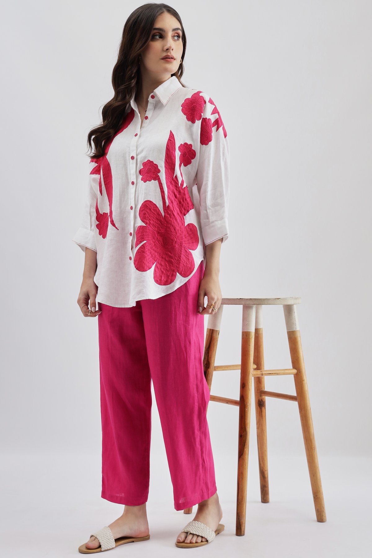 Fuschia Linen Wide-Leg Pull-On Trousers