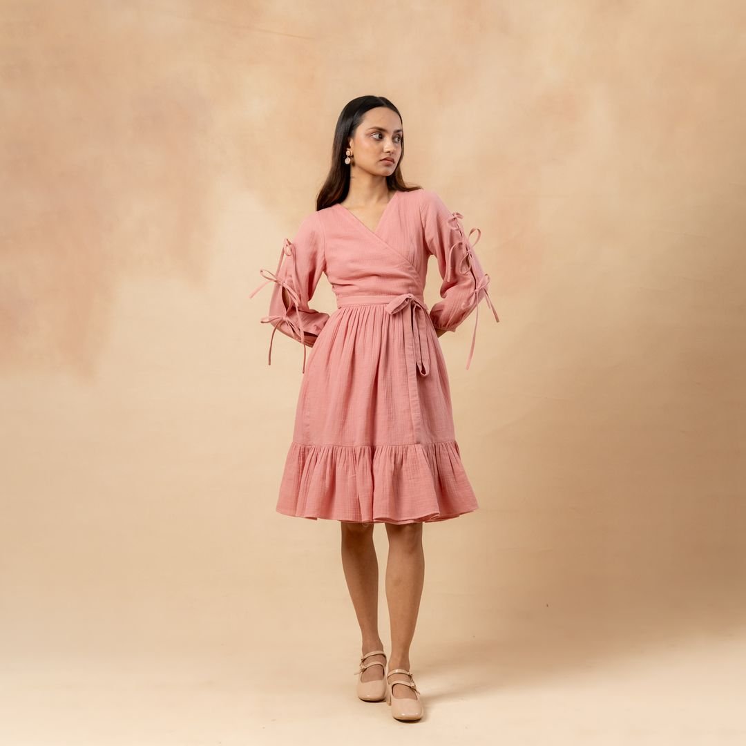 Pink Wrap Belted Knee-Length Dress with Tie-Up Sleeves