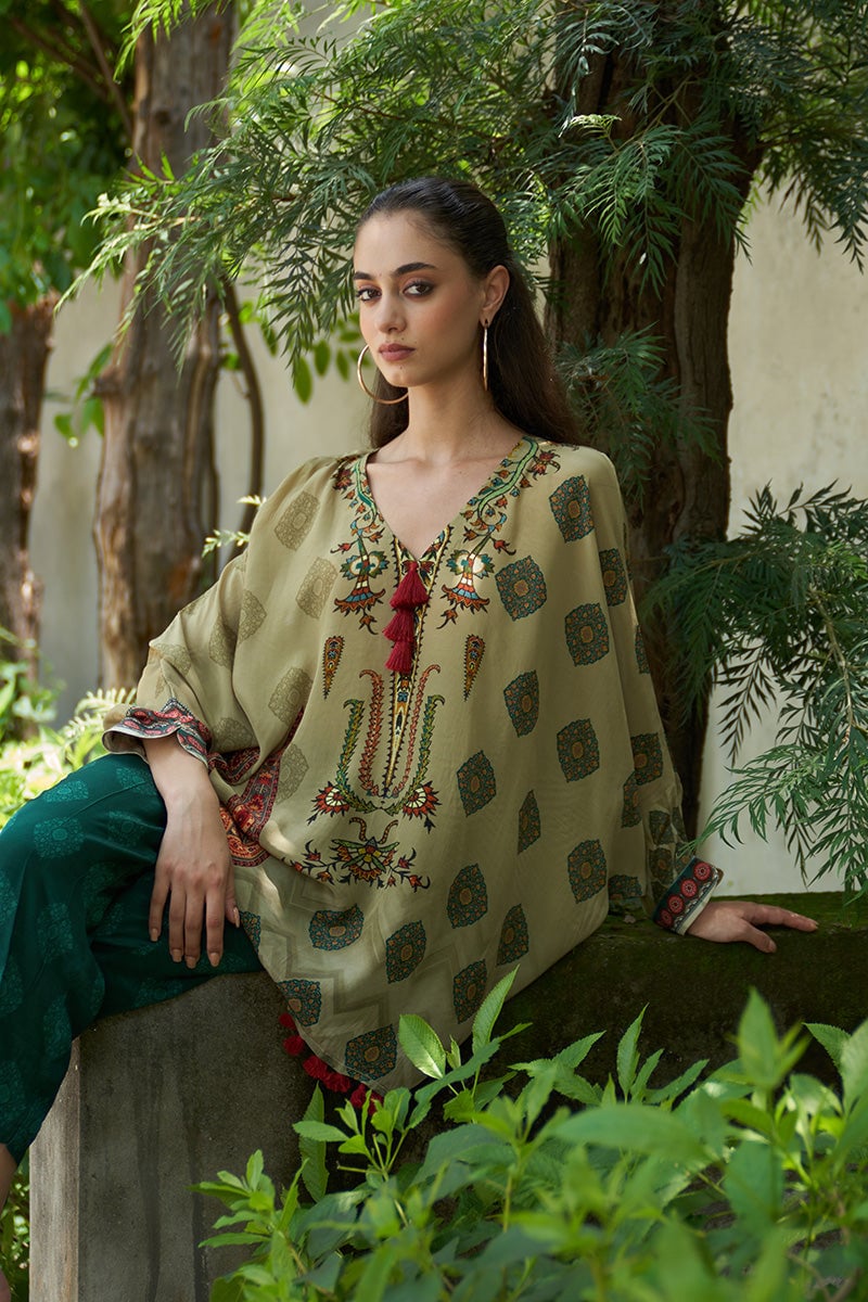 Beige Printed Tunic and Teal Pants Co-ord Set