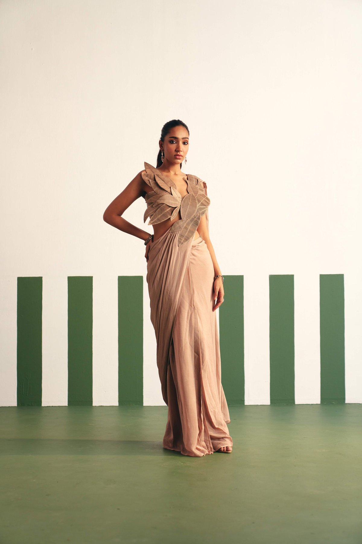 Rose Beige Pre-Stitched Saree with 3D Leaf Blouse