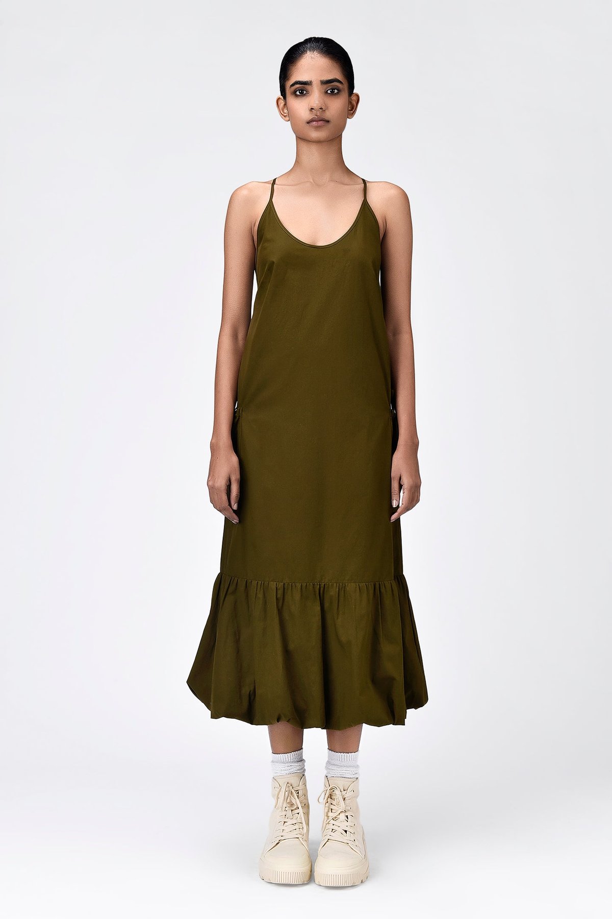 Khaki Cotton Poplin Strappy Midi Dress with Open Back