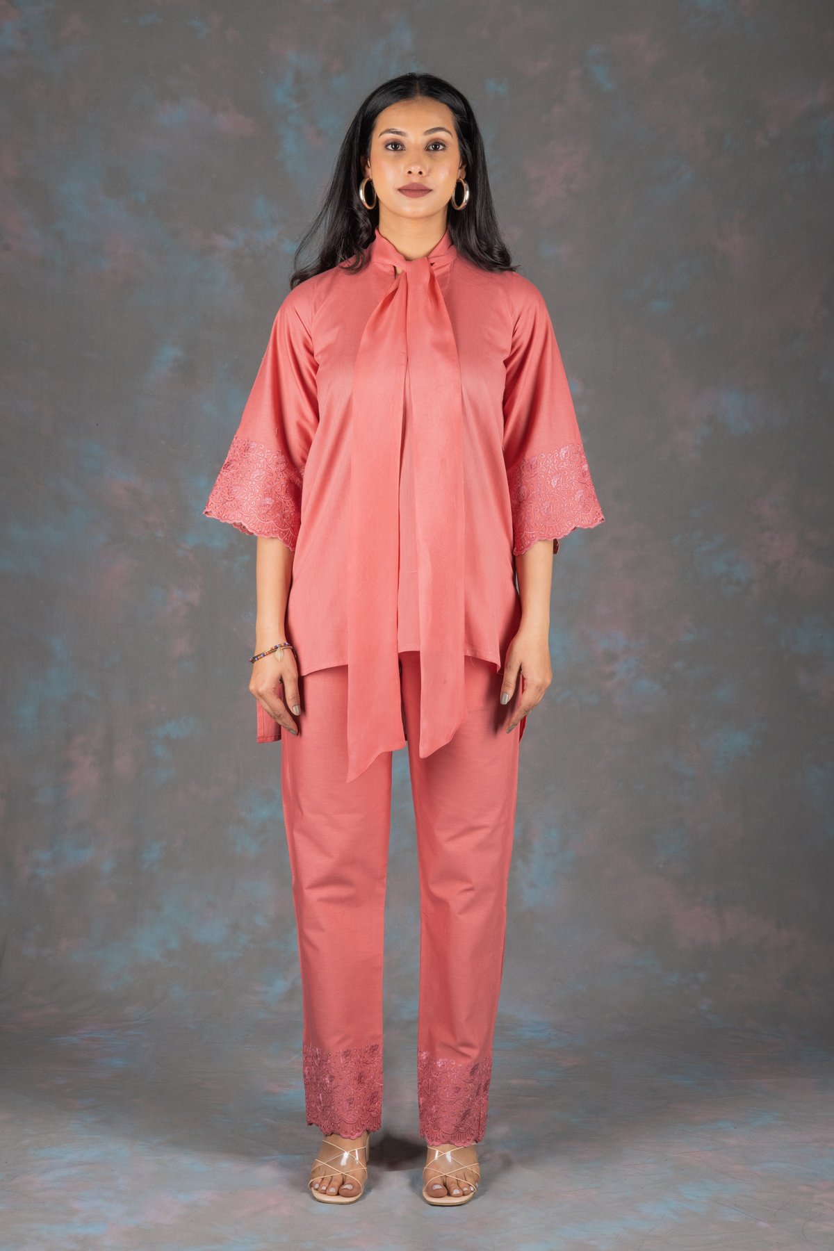 Blush Pink Tie-Neck Embroidered Co-ord Set
