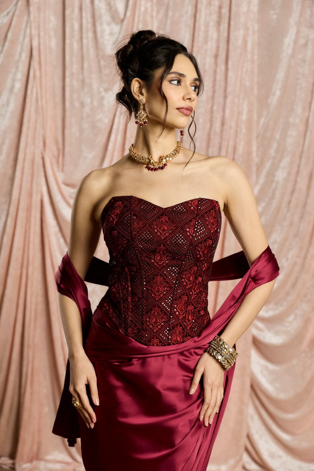 Zaafira Burgundy Embroidered Velvet Corset
