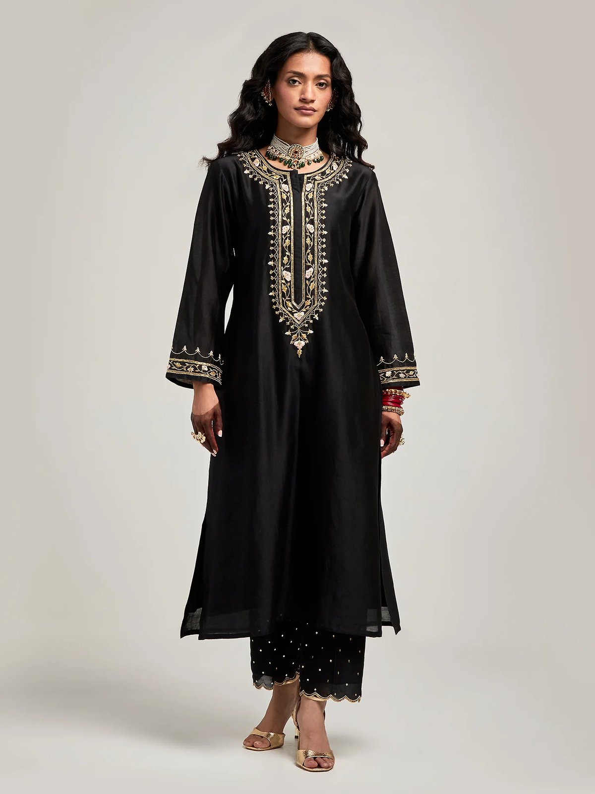 Black Silk Chanderi Embroidered Kurta Set with Pants