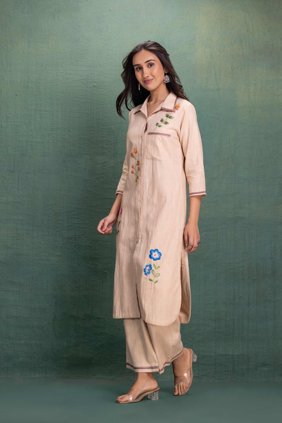 Beige Machine Embroidery Coord Set