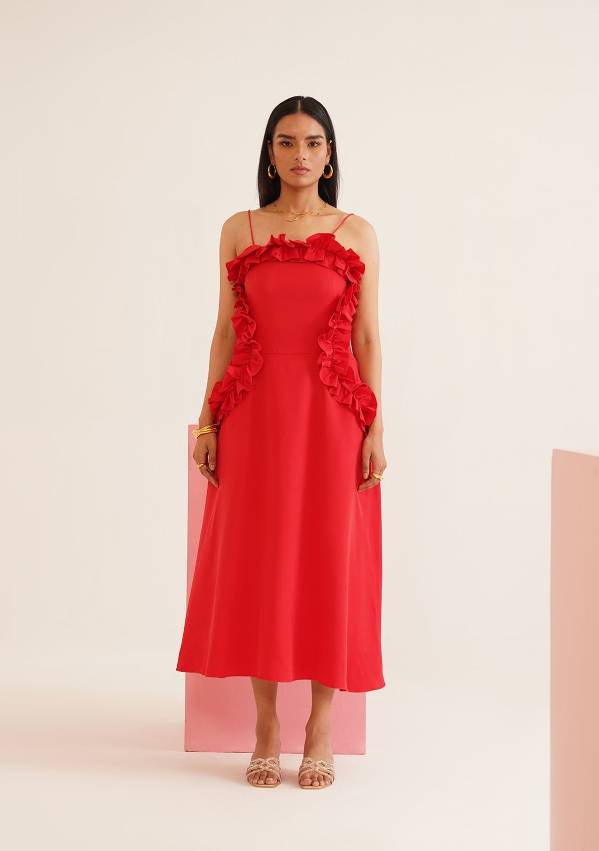 Red Fit and Flare Ruffle Trim Midi Dress