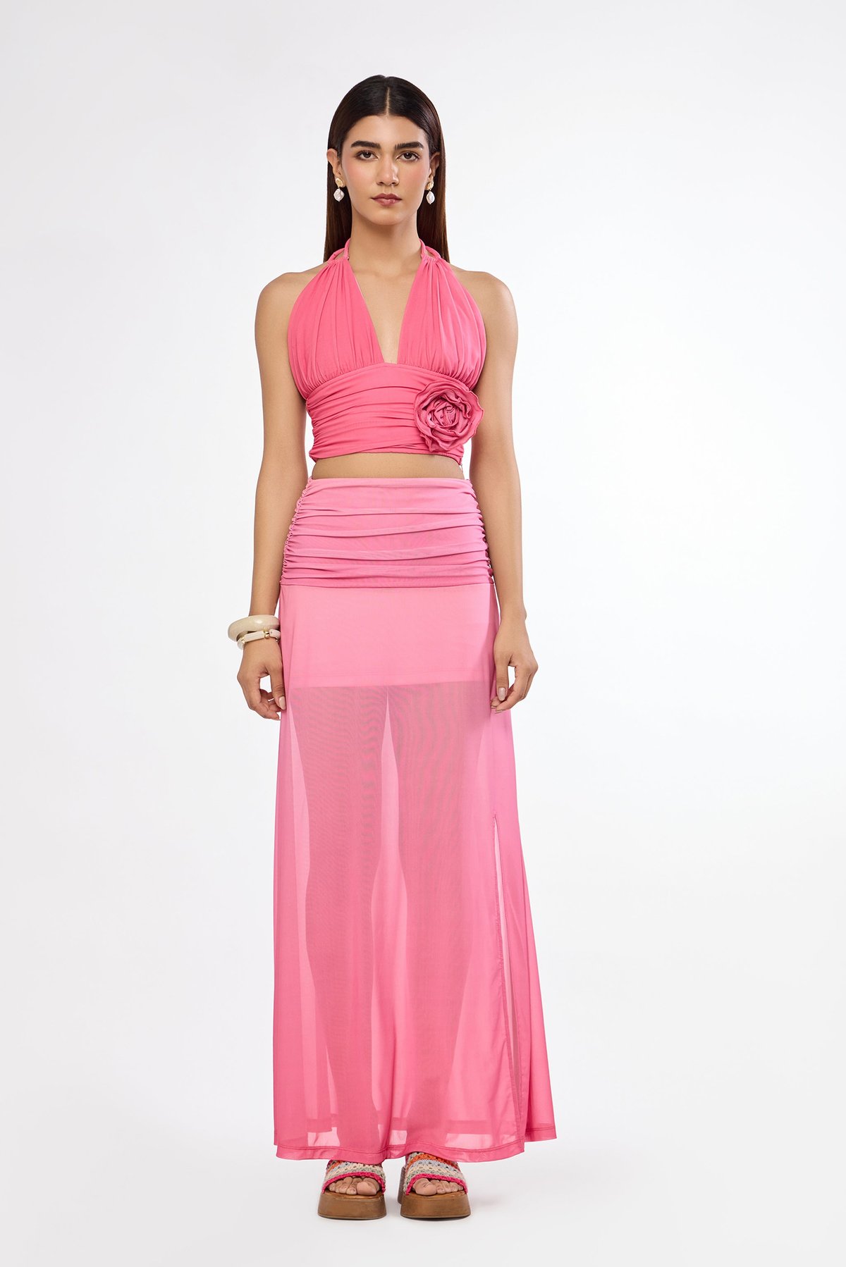 Pink Ombre Halter Crop Top and Maxi Skirt Co-ord Set