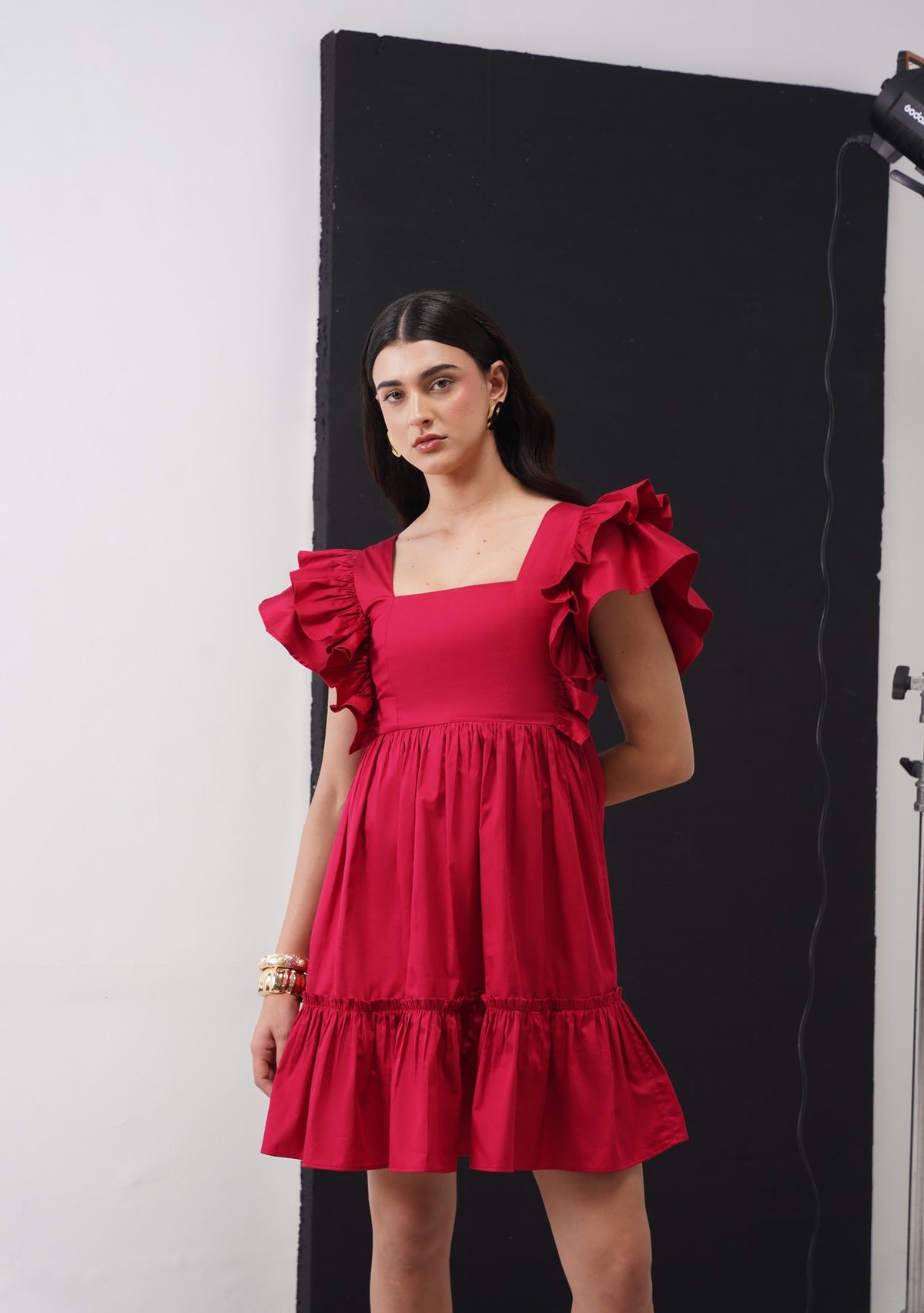 Cherry Red Square Neck Ruffle Sleeve Tiered Mini Dress