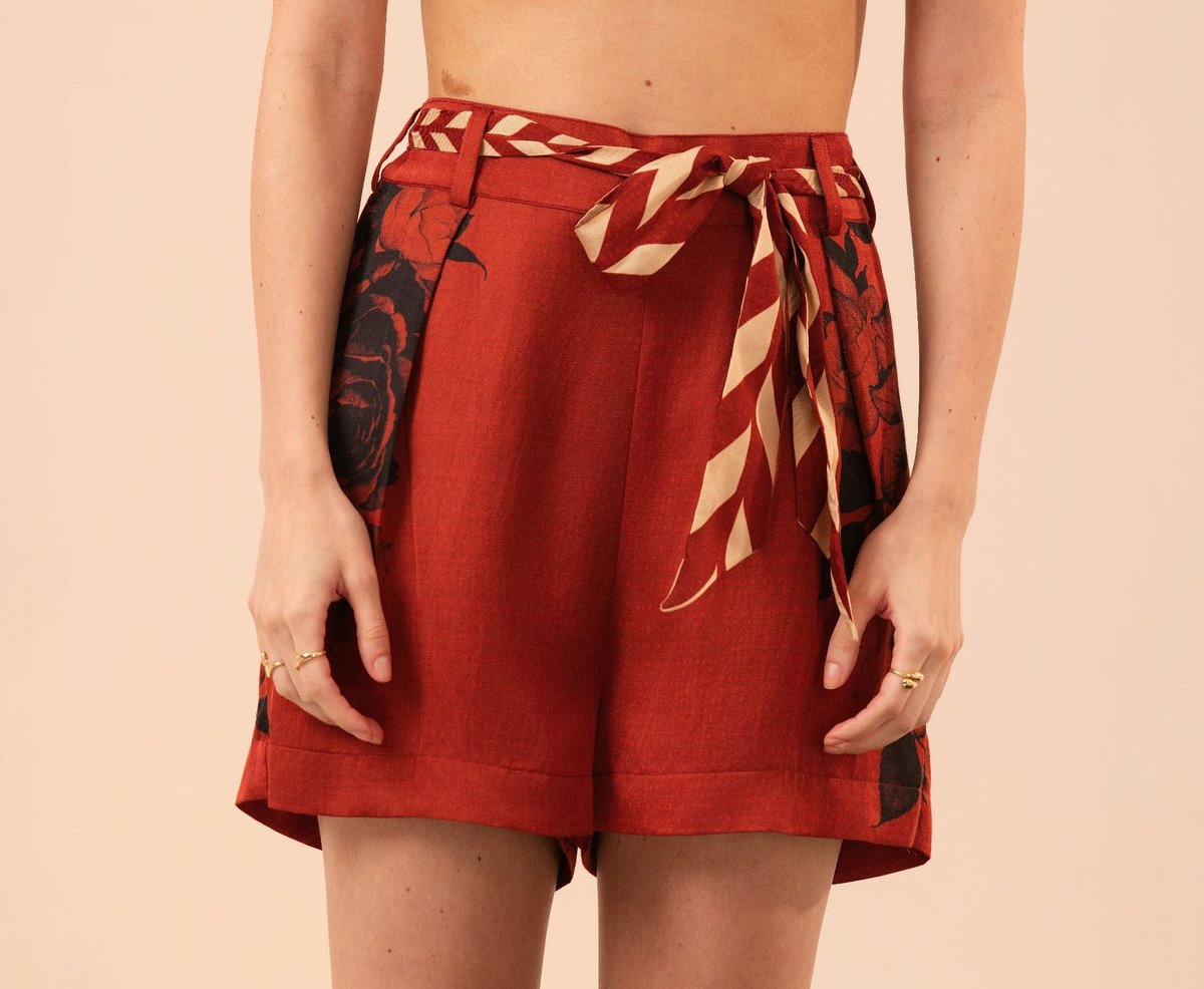 Red and Black Floral Printed Satin Linen Shorts with Tie