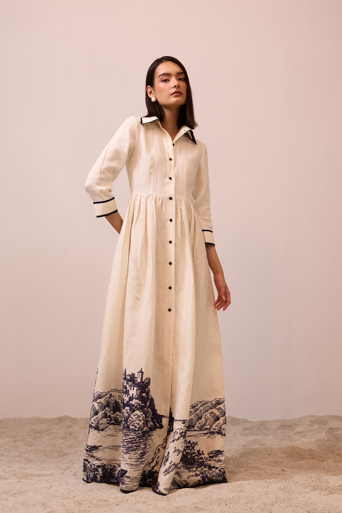 Apricot Linen Maxi Shirt Dress with Landscape Hem Print