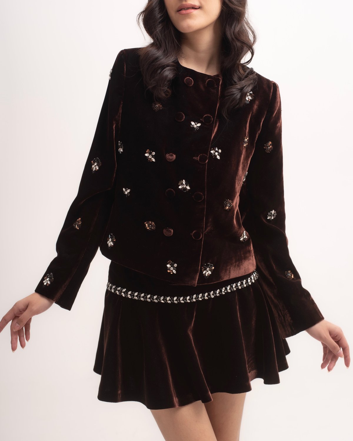 Dark Brown Silk Velvet Embellished Double-Breasted Jacket