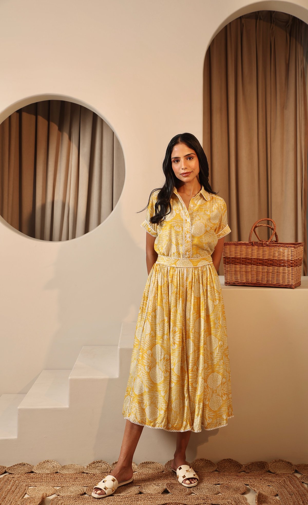 Yellow and Ivory Floral Shirt and Midi Skirt Co-ord Set