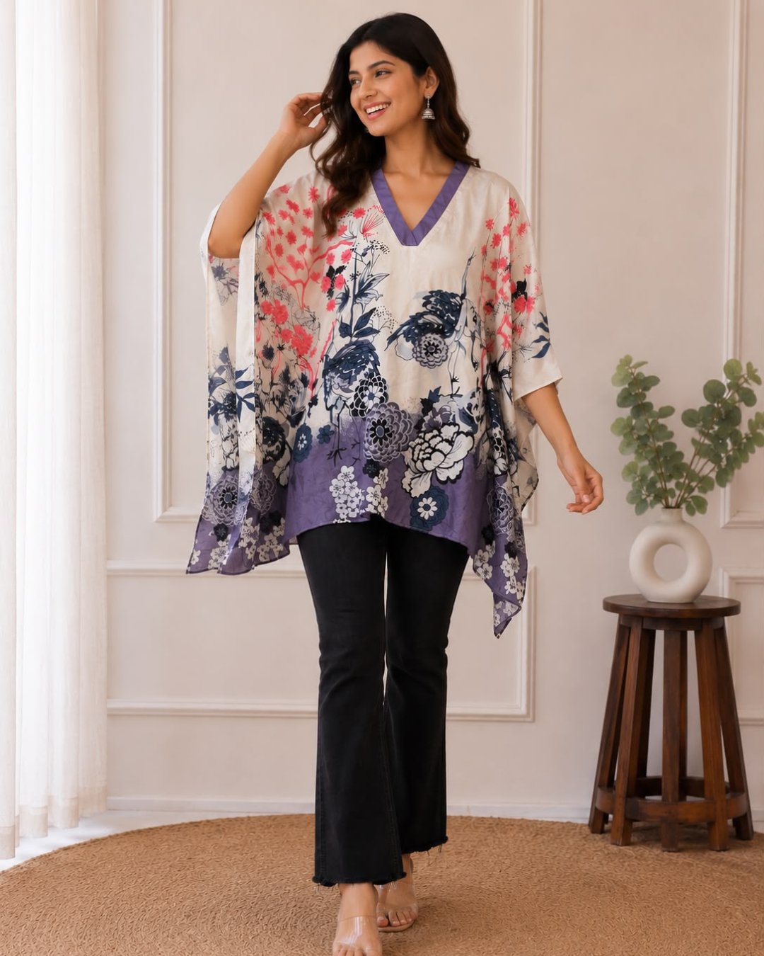 Ivory Floral Habudai Silk Kaftan with Handkerchief Hem