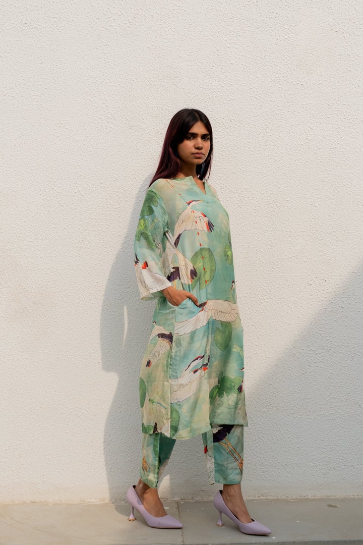 Printed Silk Voile Kurta and Pants Set with Slip