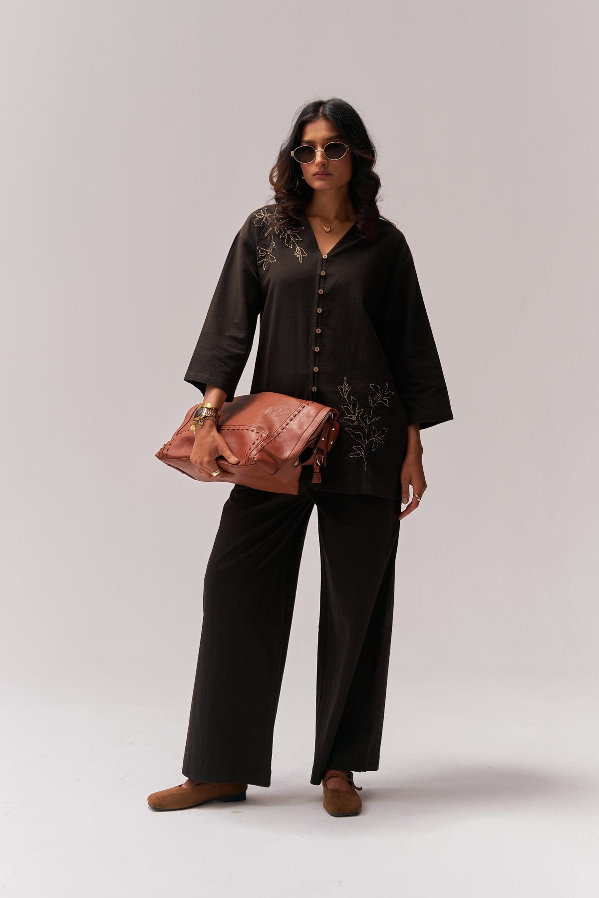 Dark Brown Kala Cotton Embroidered Co-ord Set