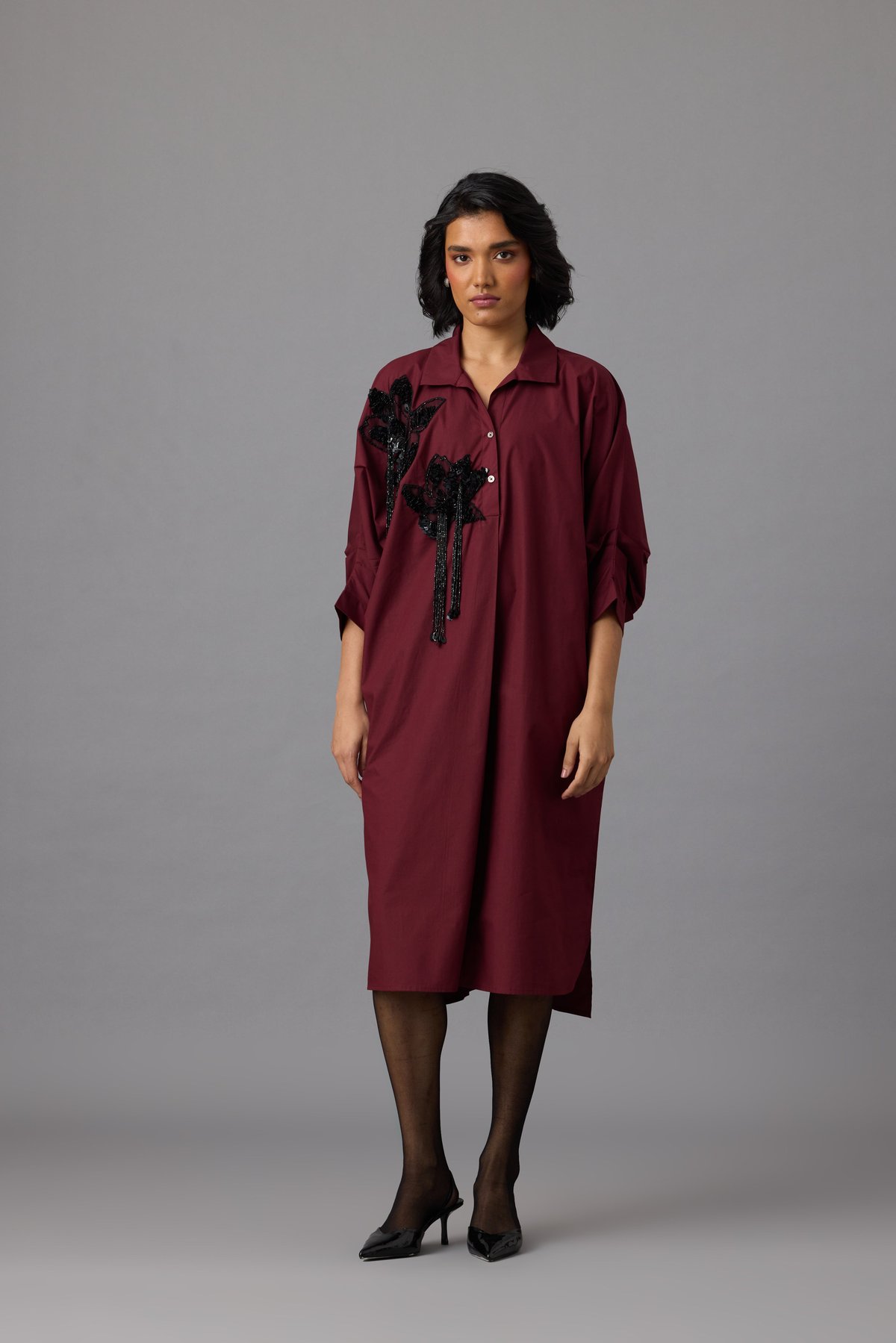 Burgundy Cotton Poplin Lotus Appliqué Shift Midi Dress