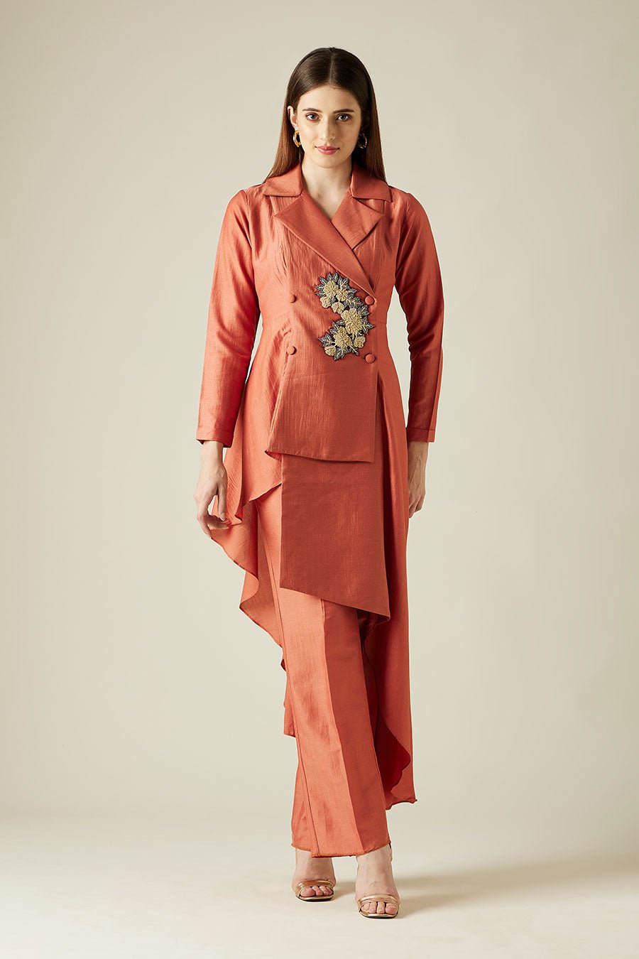 Orange Asymmetric Blazer Tunic and Pant Co-ord Set