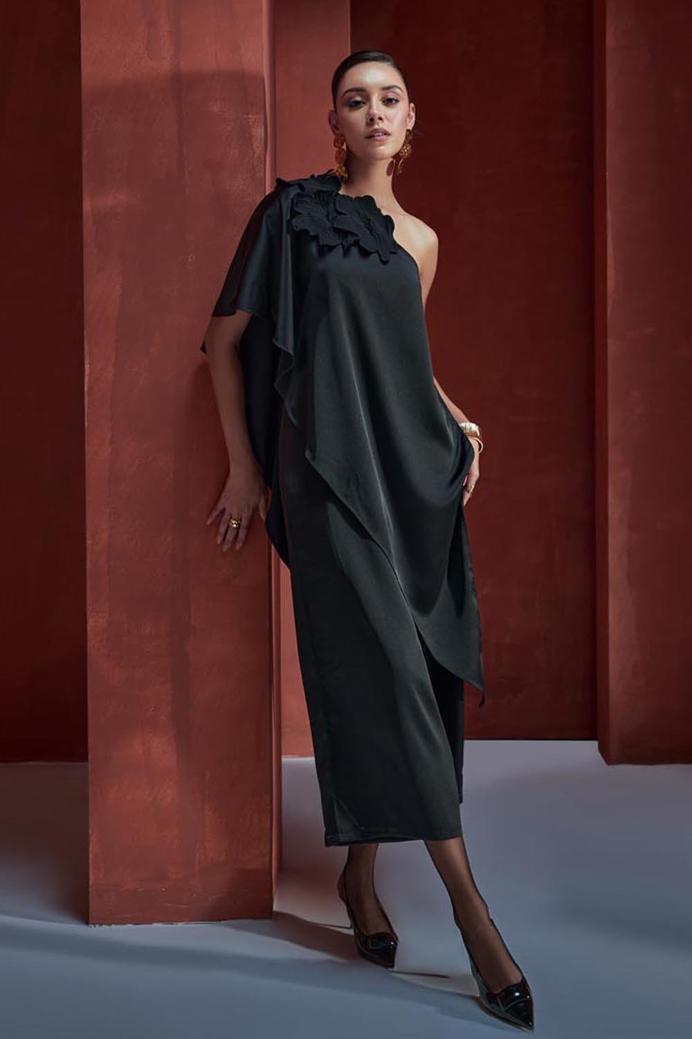 Black One-Shoulder Satin Silk Jumpsuit with 3D Florals