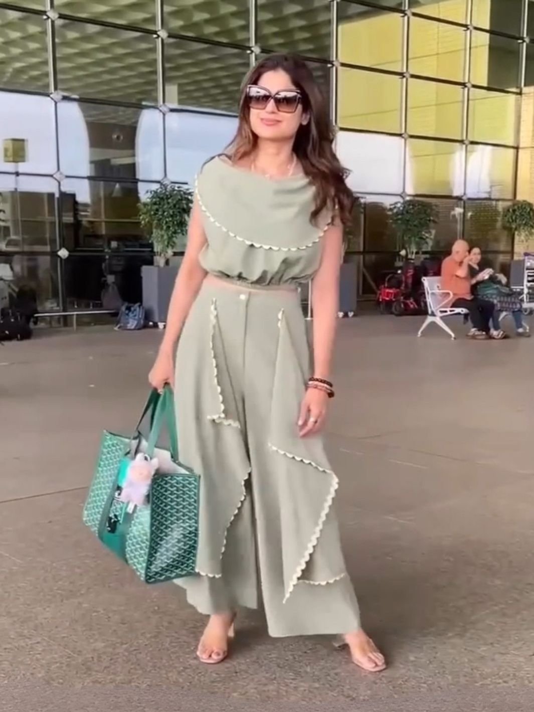 Green High-Rise Layered Drape Wide-Leg Trousers