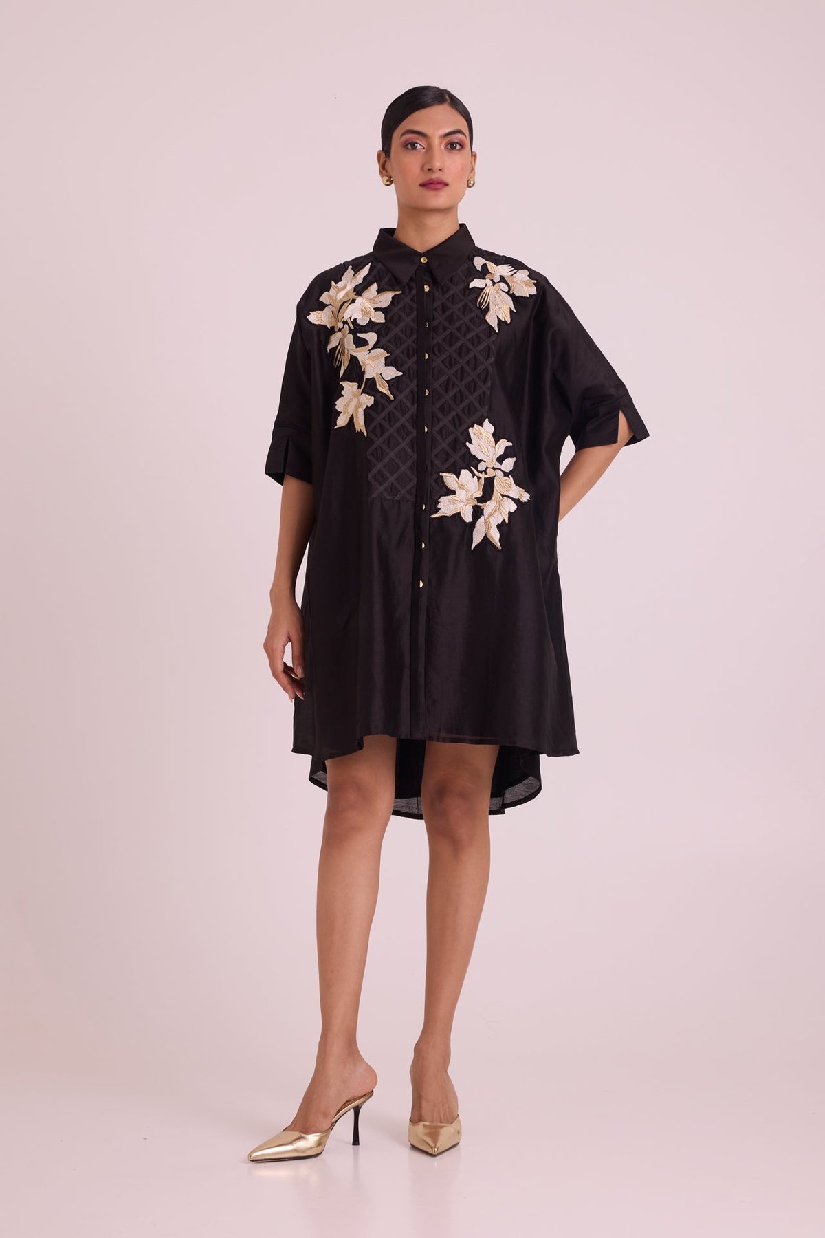 Black Embroidered Shirt Dress with High-Low Hem