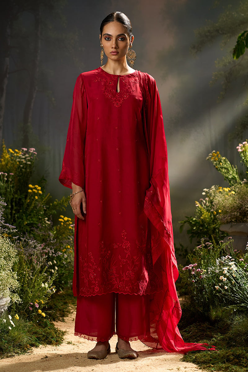 Salsa Red Organza Silk Embroidered Kurta Set with Dupatta