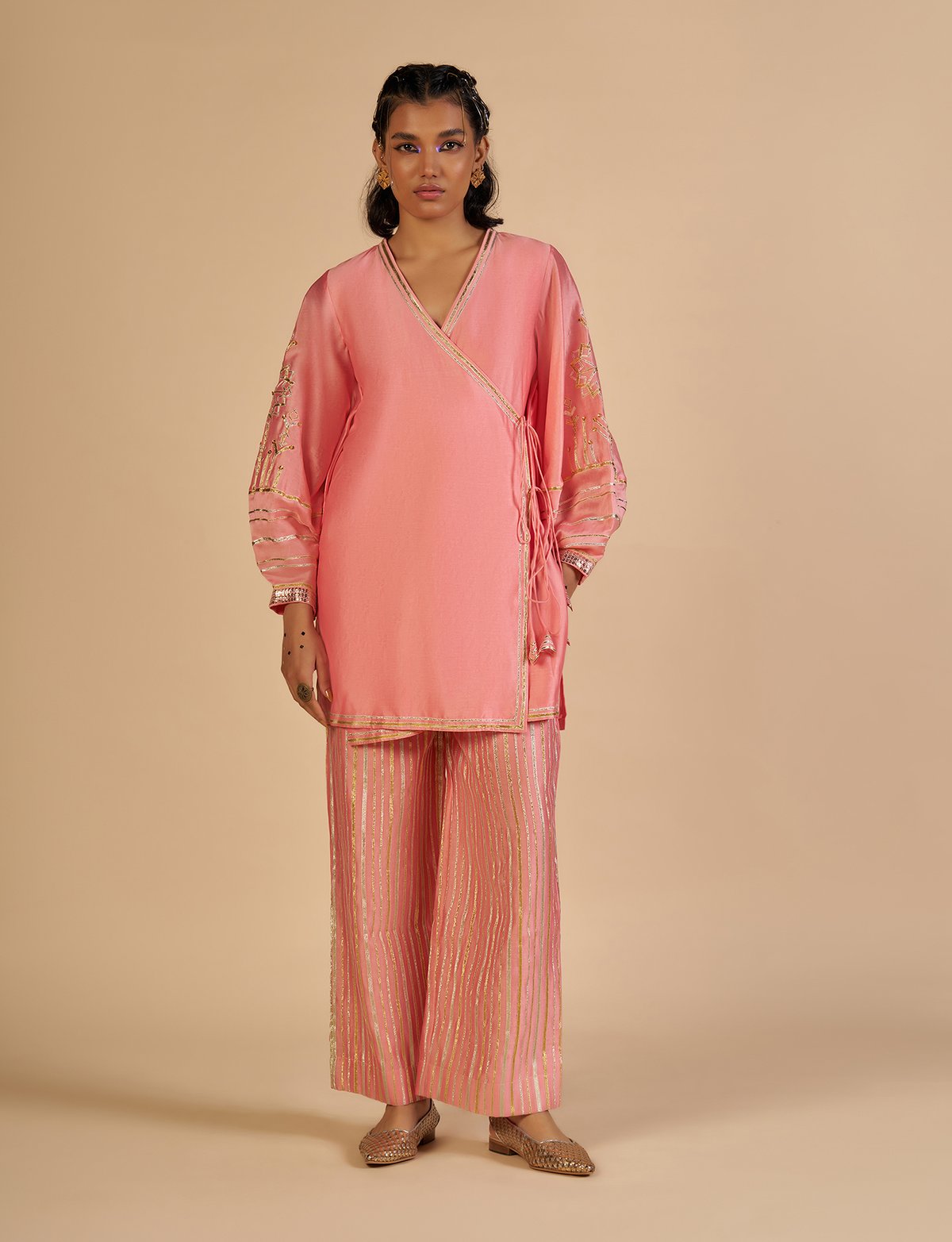 Pink Wide-Leg Lurex Stripe Festive Trousers