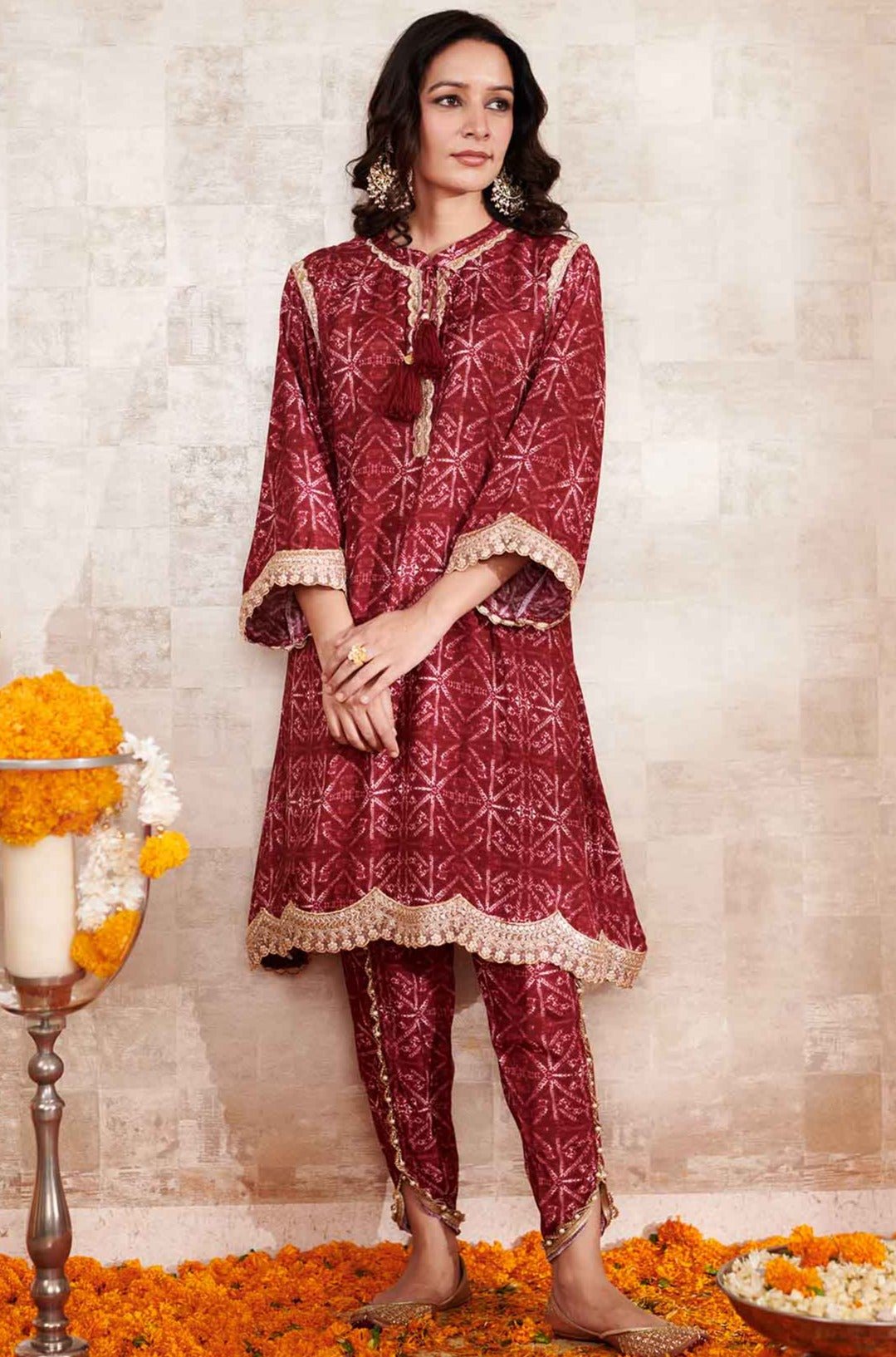 Cotton Silk Printed Geometric Round Lace Embroidered Kurta And Pant Set
