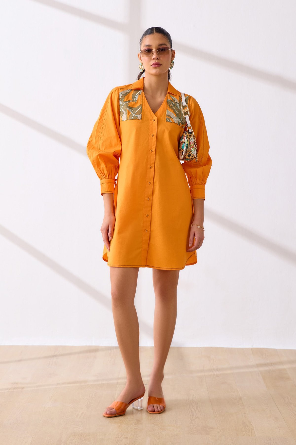 Sunset Orange Cotton Poplin Mini Shirt Dress