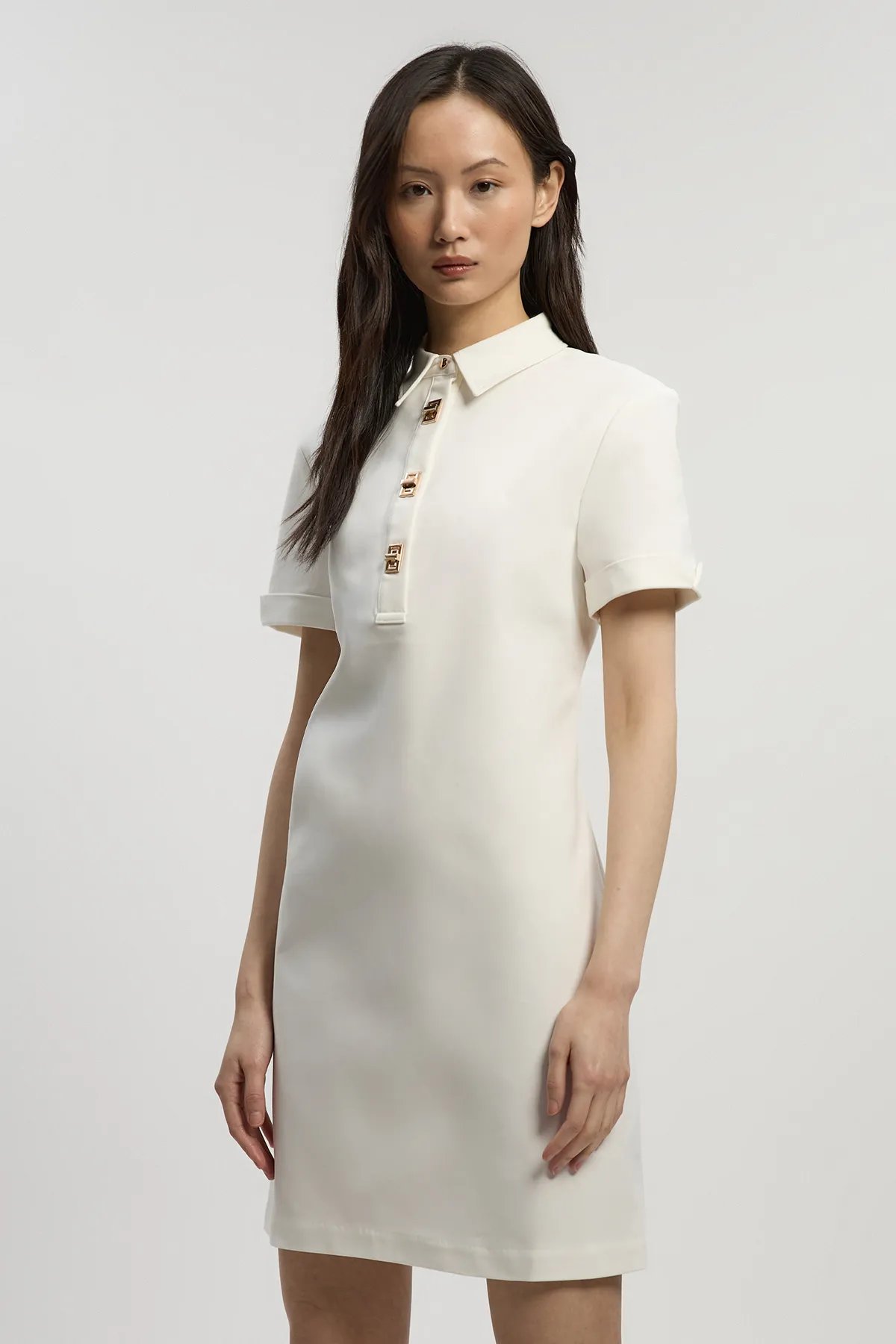 Ivory Collared Straight Mini Dress with Hardware Placket
