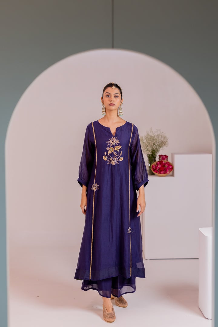 Ink Blue Chanderi Embroidered A-Line Kurta Set
