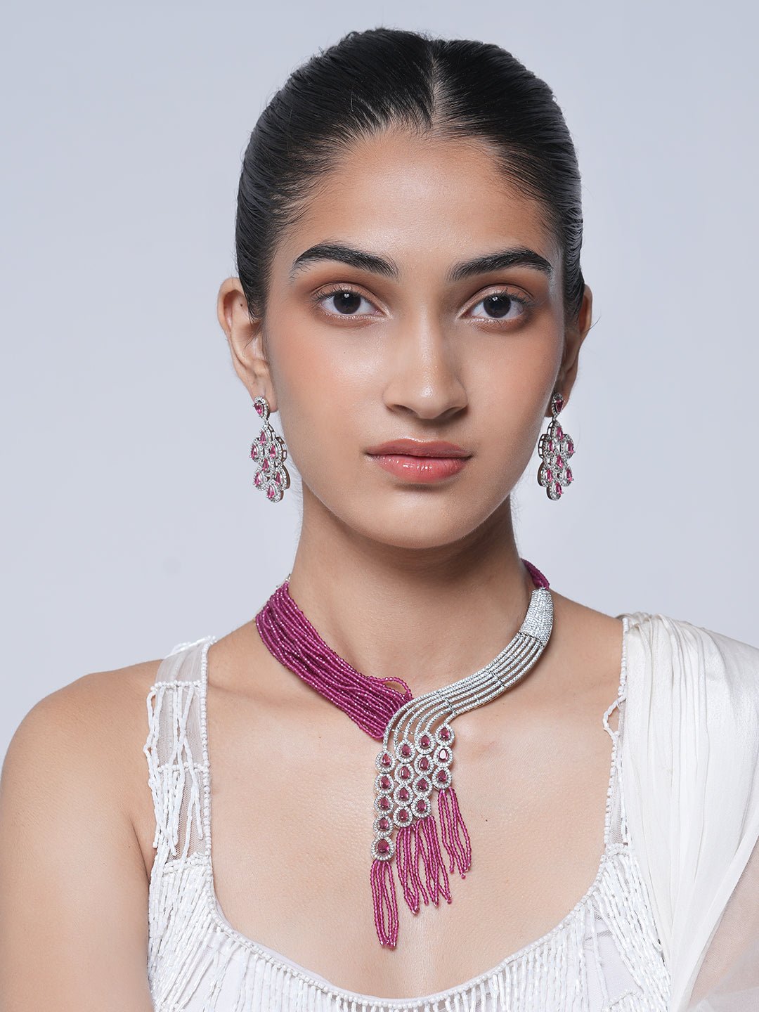 Pink Designer CZ Necklace Earrings