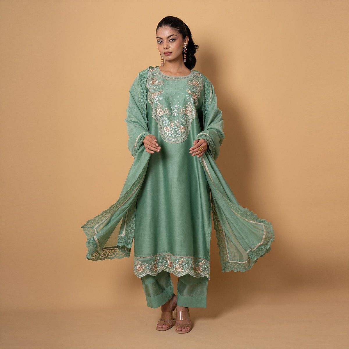 Mint Blossom Embroidered Chanderi Suit Set
