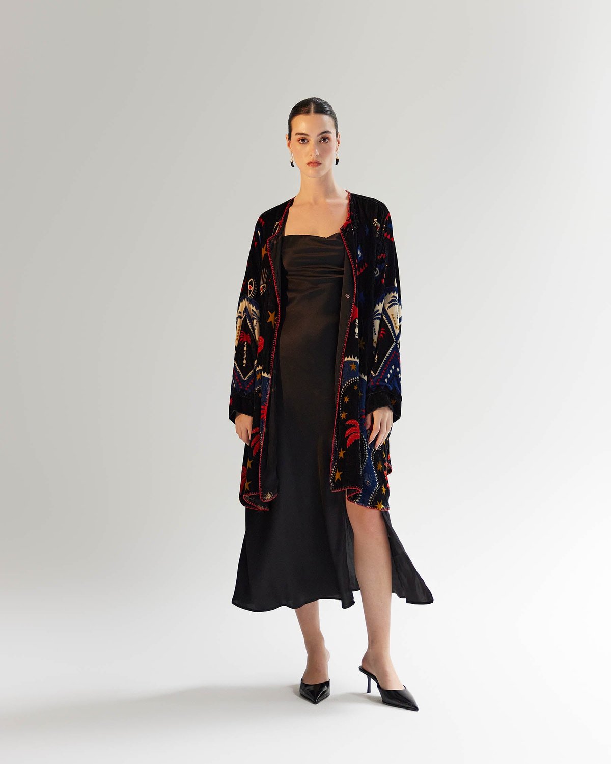 Black Printed Velvet Poncho Cape Shrug
