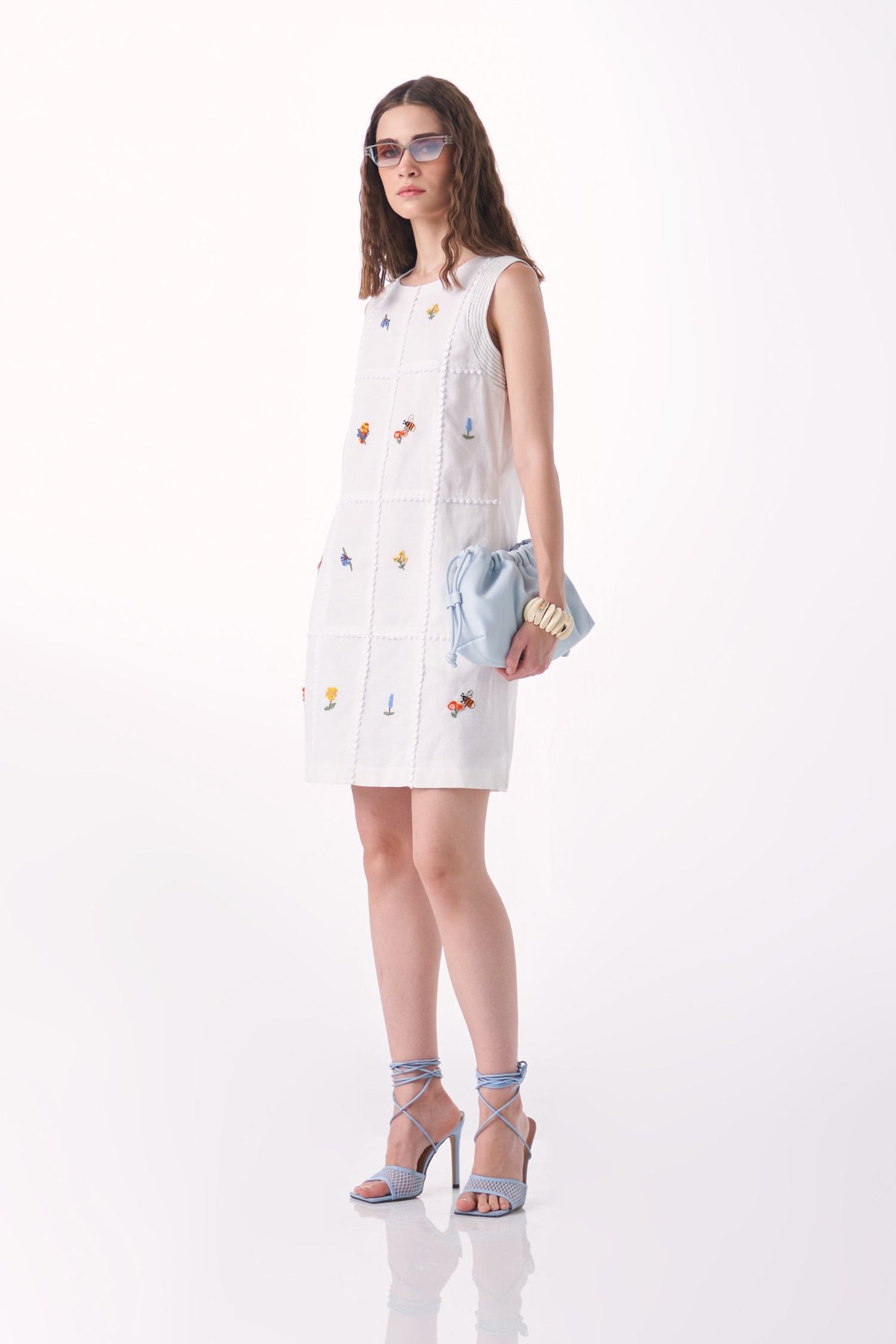 White Cotton-Linen Embroidered Mini Shift Dress