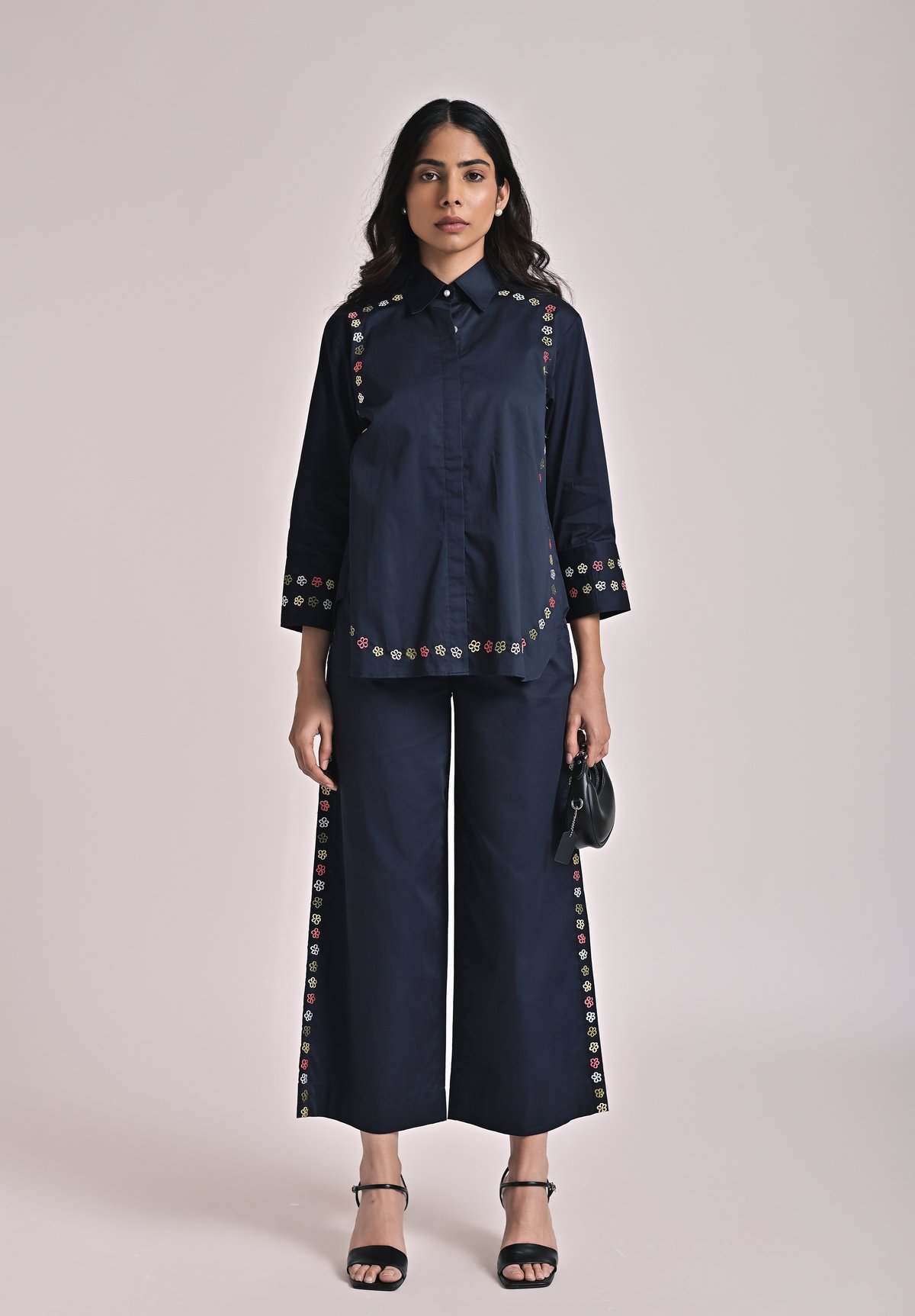 Navy Cotton Satin Shirt and Wide-Leg Pants Co-ord Set