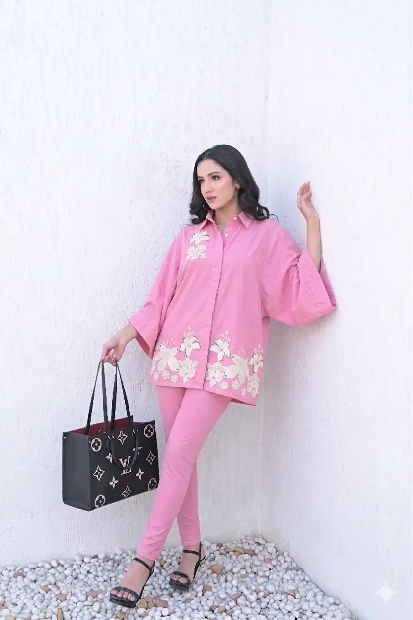 Powder Pink Cotton Shirt with Floral Placement Motif